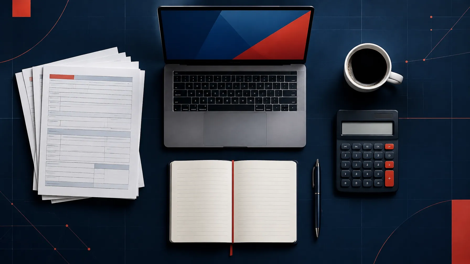 Overhead view of a freelancer’s organized tax records, laptop, generic 1099 forms, mileage notebook, calculator, and coffee on a dark grid surface