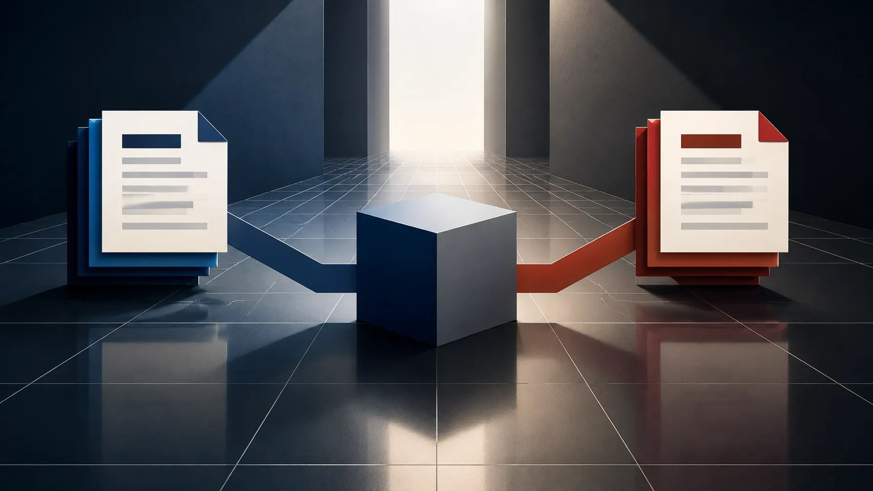 Abstract business income figure branching into two organized return pathways, one federal and one New Jersey, shown as layered navy and brick-red documents