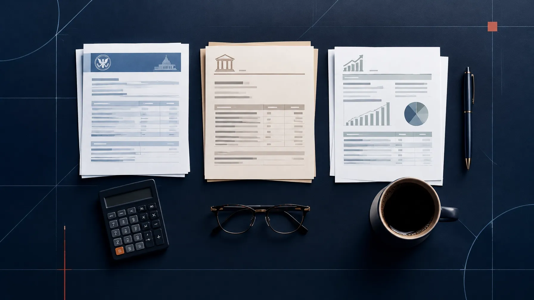 Social Security and pension statements, a calculator, reading glasses, and coffee arranged on a dark grid surface